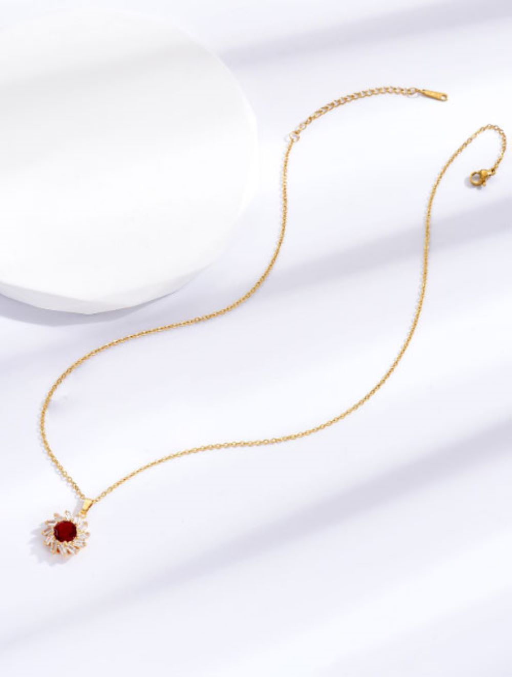 Red Ruby Zircon Crystals Gold tone Pendant Necklace