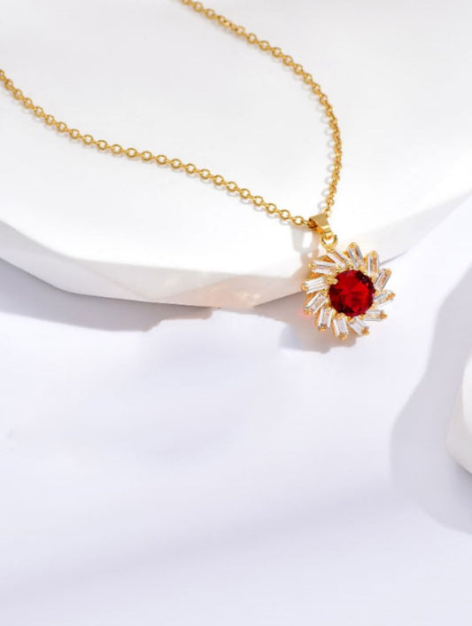 Red Ruby Zircon Crystals Gold tone Pendant Necklace
