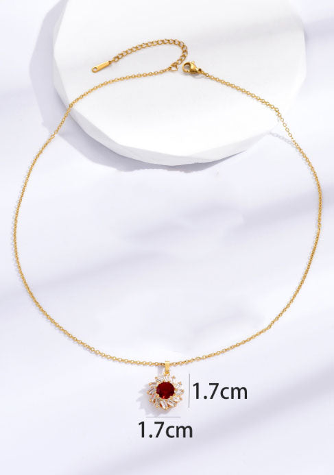 Red Ruby Zircon Crystals Gold tone Pendant Necklace