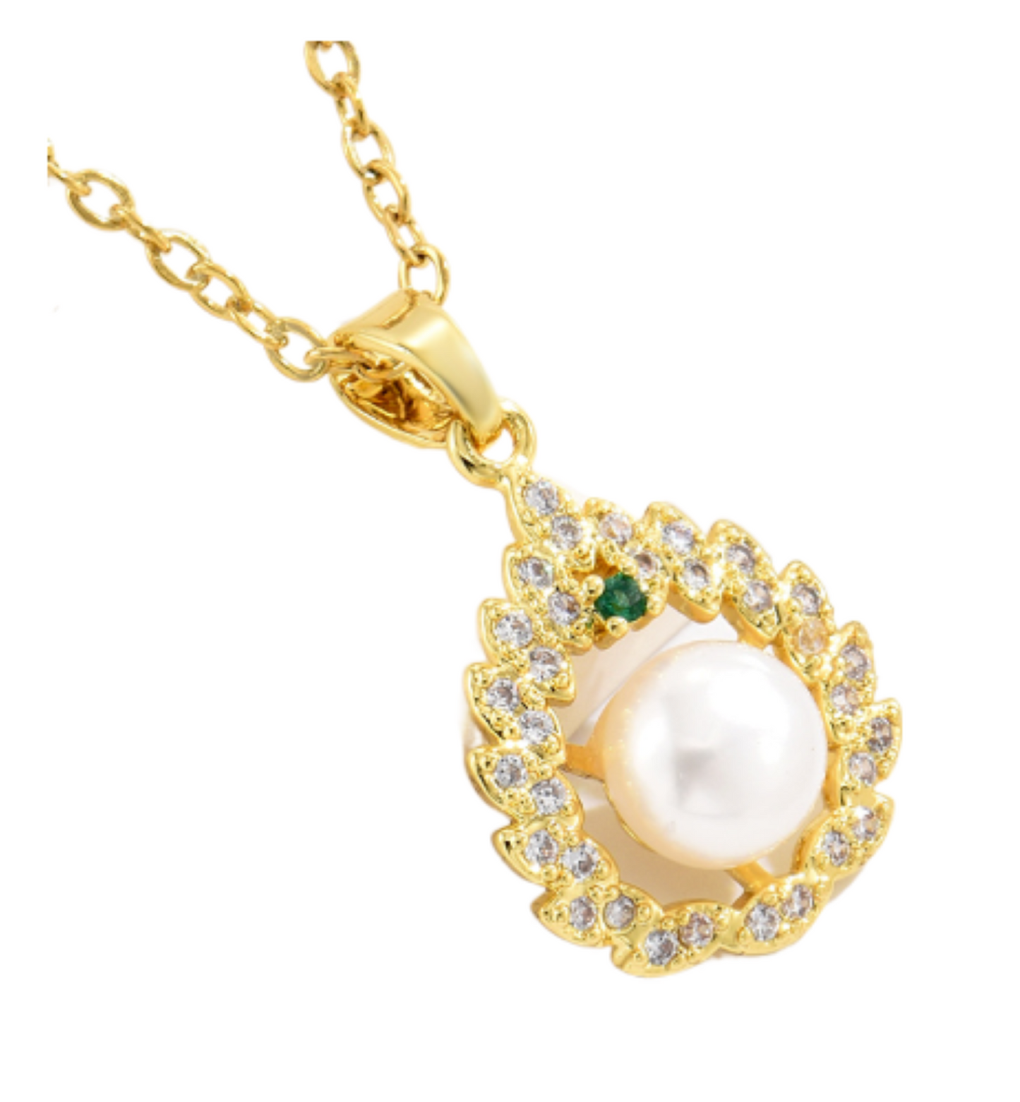 Leaf Shaped Round Pearl Crystal Gold Tone Pendant Necklace