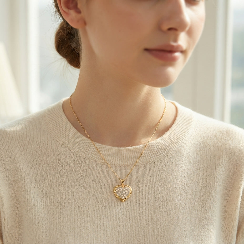 Crystal Filled Heart Shaped Gold Tone Pendant Necklace