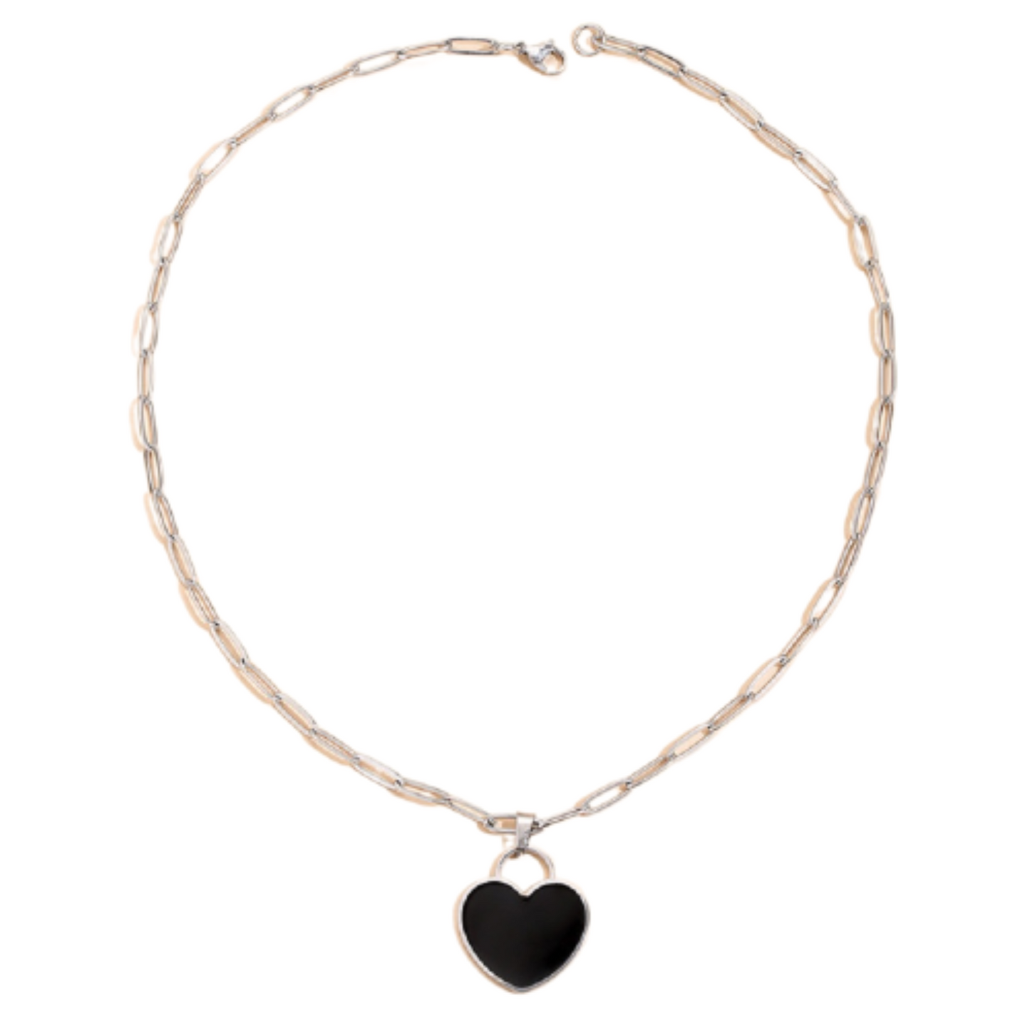 Heart Black Enamel Silver Tone Pendant Necklace