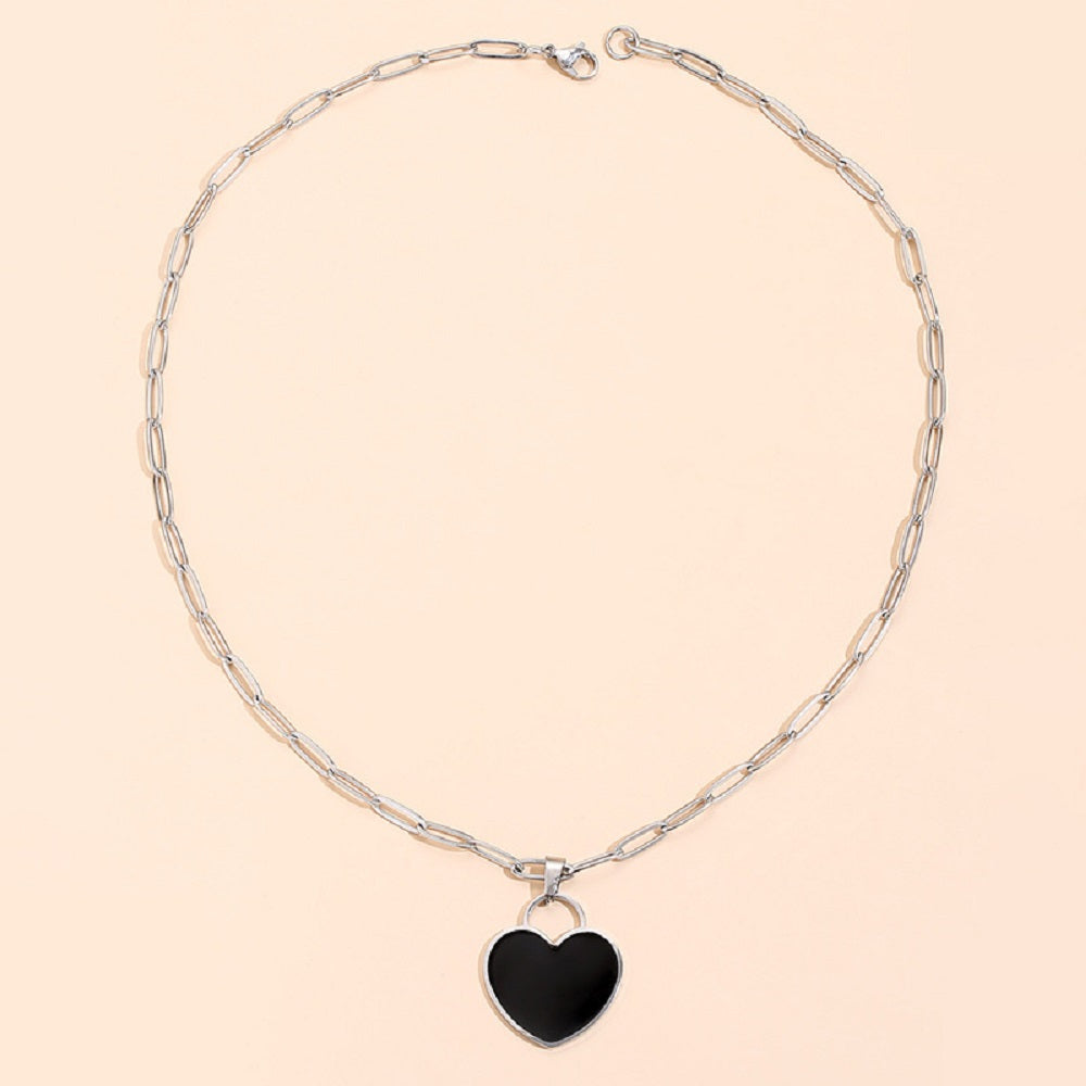 Heart Black Enamel Silver Tone Pendant Necklace