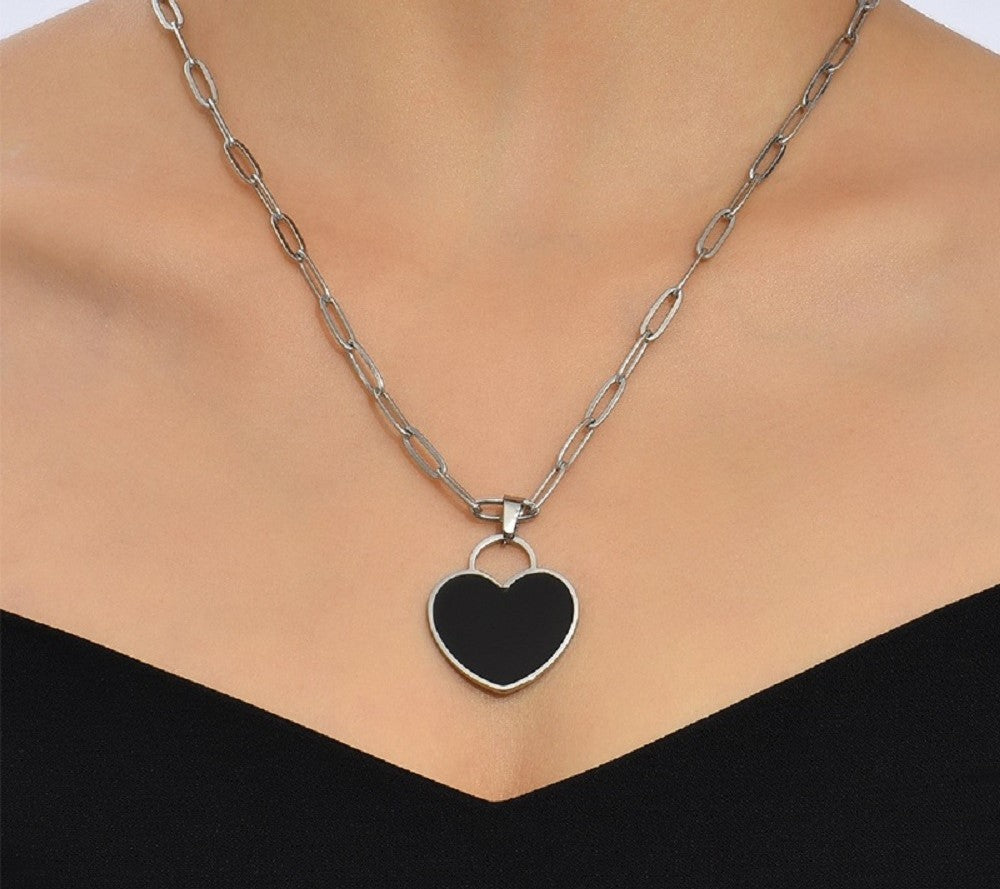Heart Black Enamel Silver Tone Pendant Necklace