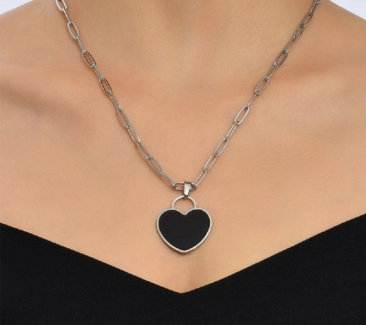 Heart Black Enamel Silver Tone Pendant Necklace