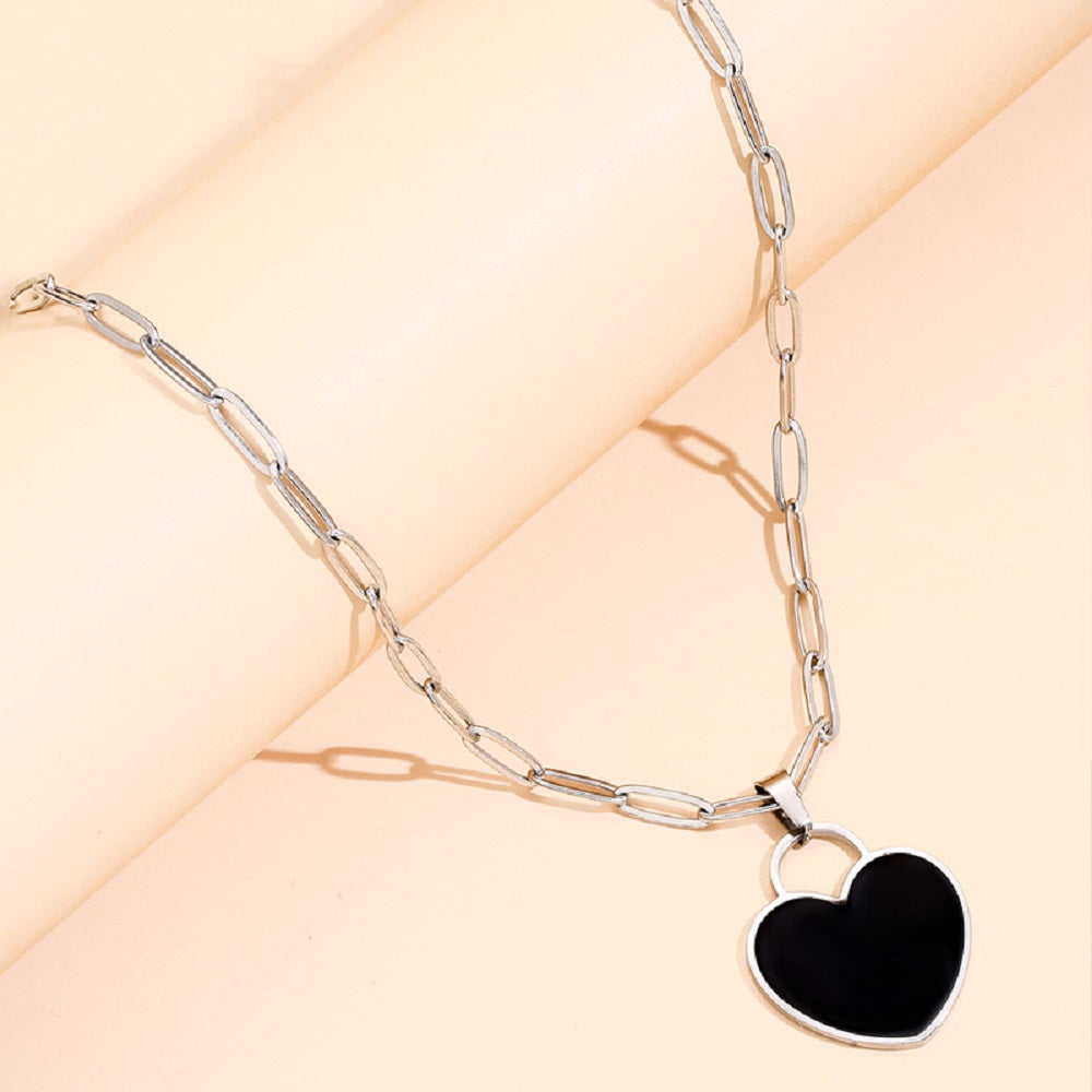 Heart Black Enamel Silver Tone Pendant Necklace