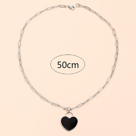 Heart Black Enamel Silver Tone Pendant Necklace