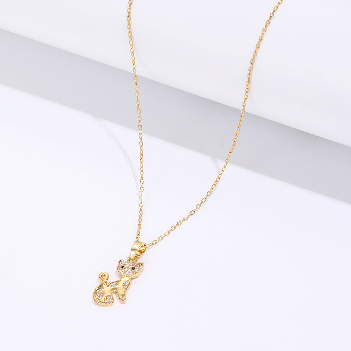 Cat Pet Crystal Filled Gold Tone Pendant Necklace