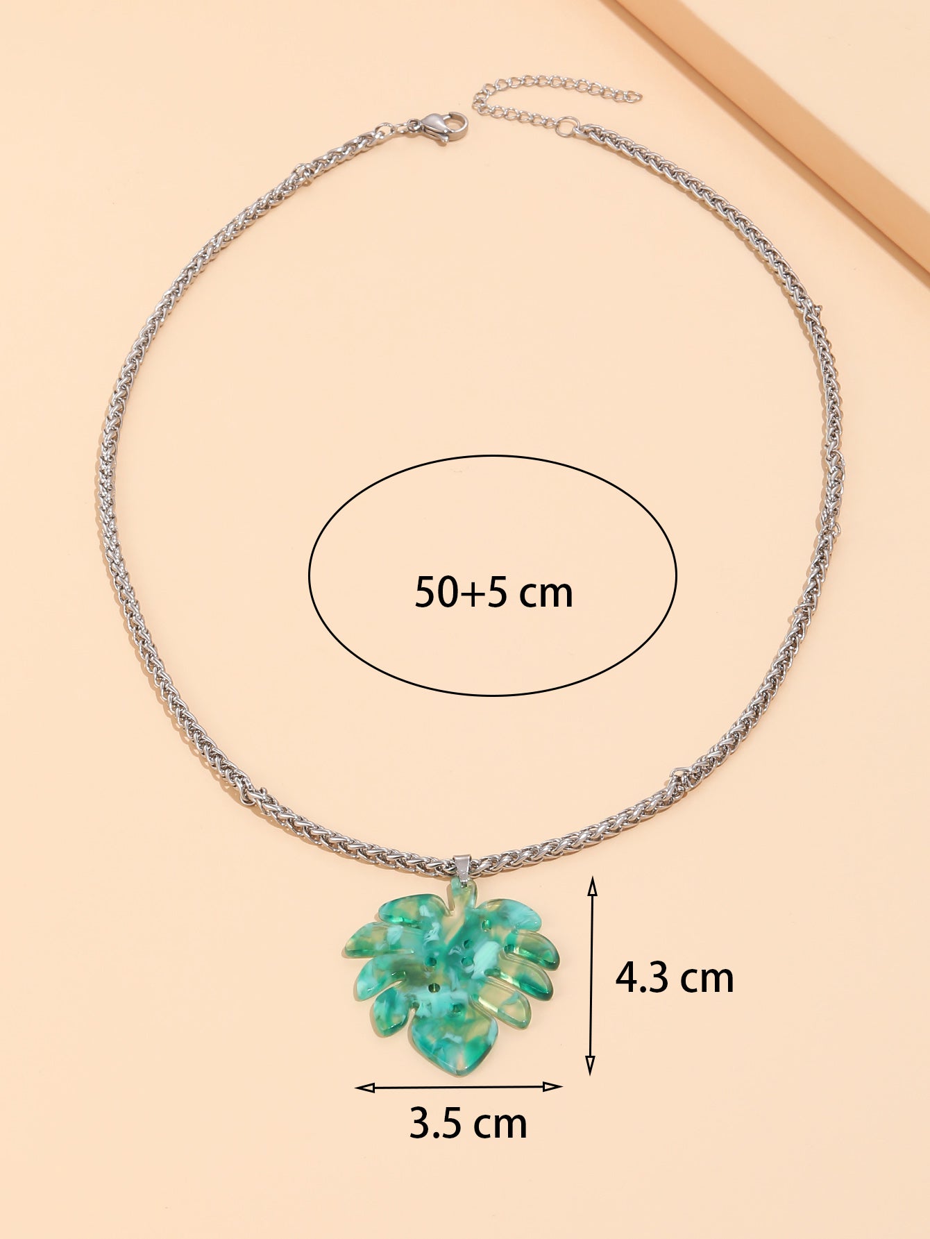 Stainless Steel Chain Green Leaf Keel Acrylic Pendant Necklace