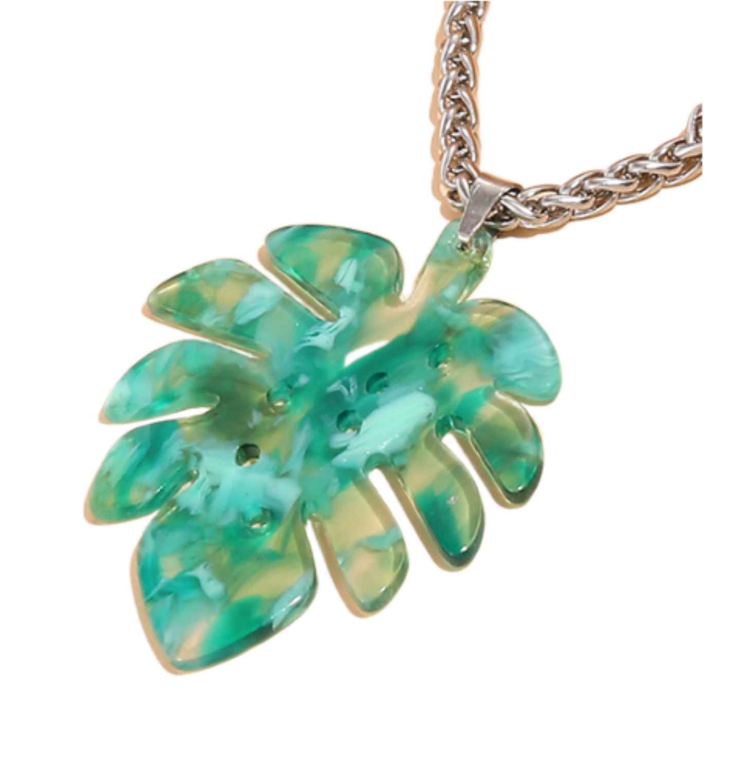 Stainless Steel Chain Green Leaf Keel Acrylic Pendant Necklace