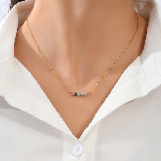 Stainless Steel Chain Four Beaded Natural Gemstone Pendant Necklace
