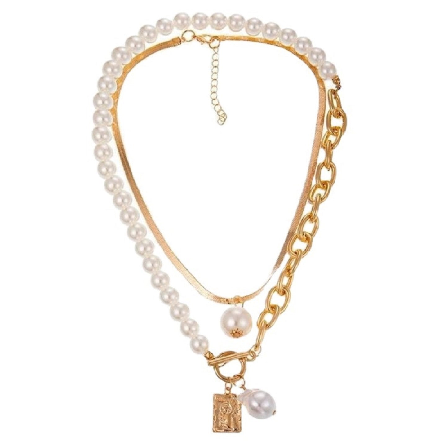 Gold Baroque Pearl Portrait Layered Chunky Chain Multilayer Choker Necklace