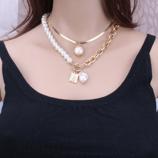 Gold Baroque Pearl Portrait Layered Chunky Chain Multilayer Choker Necklace