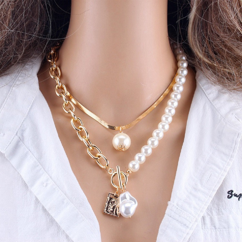 Gold Baroque Pearl Portrait Layered Chunky Chain Multilayer Choker Necklace