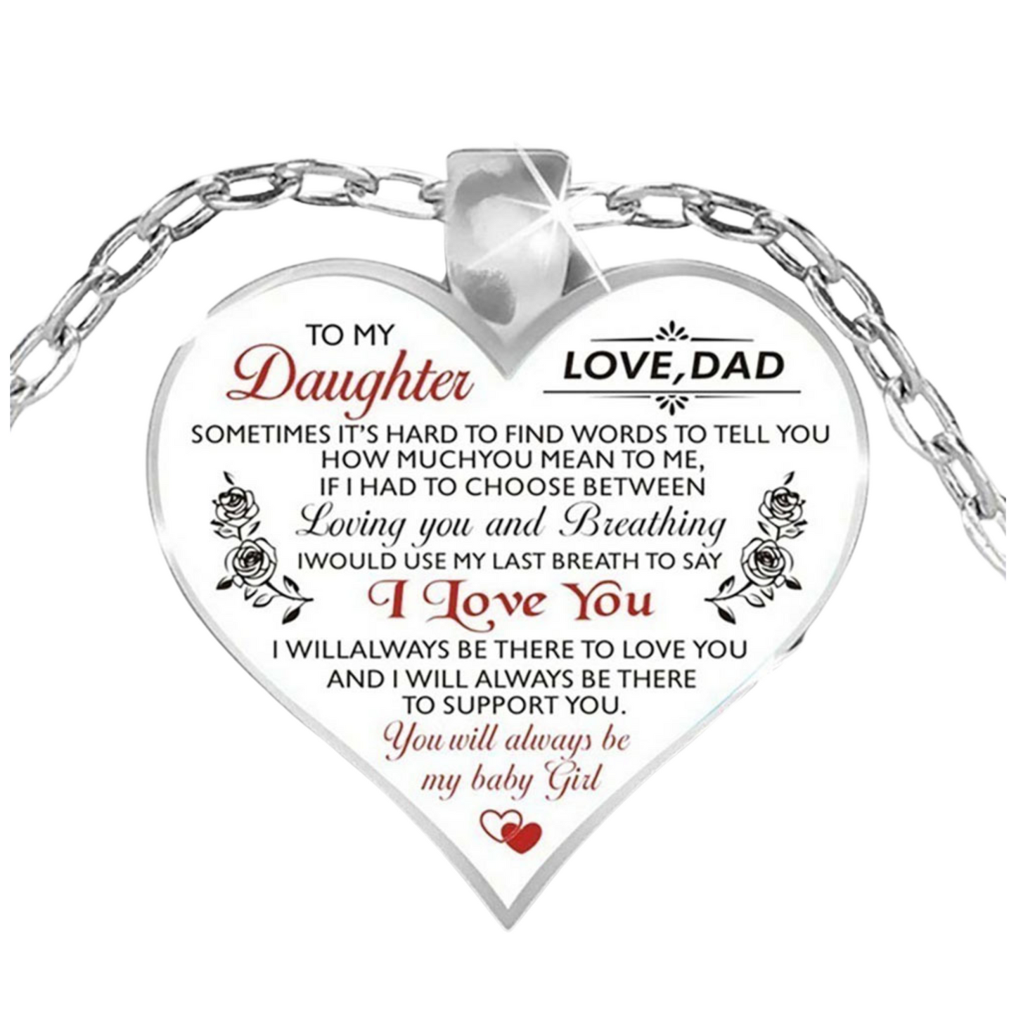To My Daughter Love Dad Heart-Shaped Silver Tone Pendant Necklace