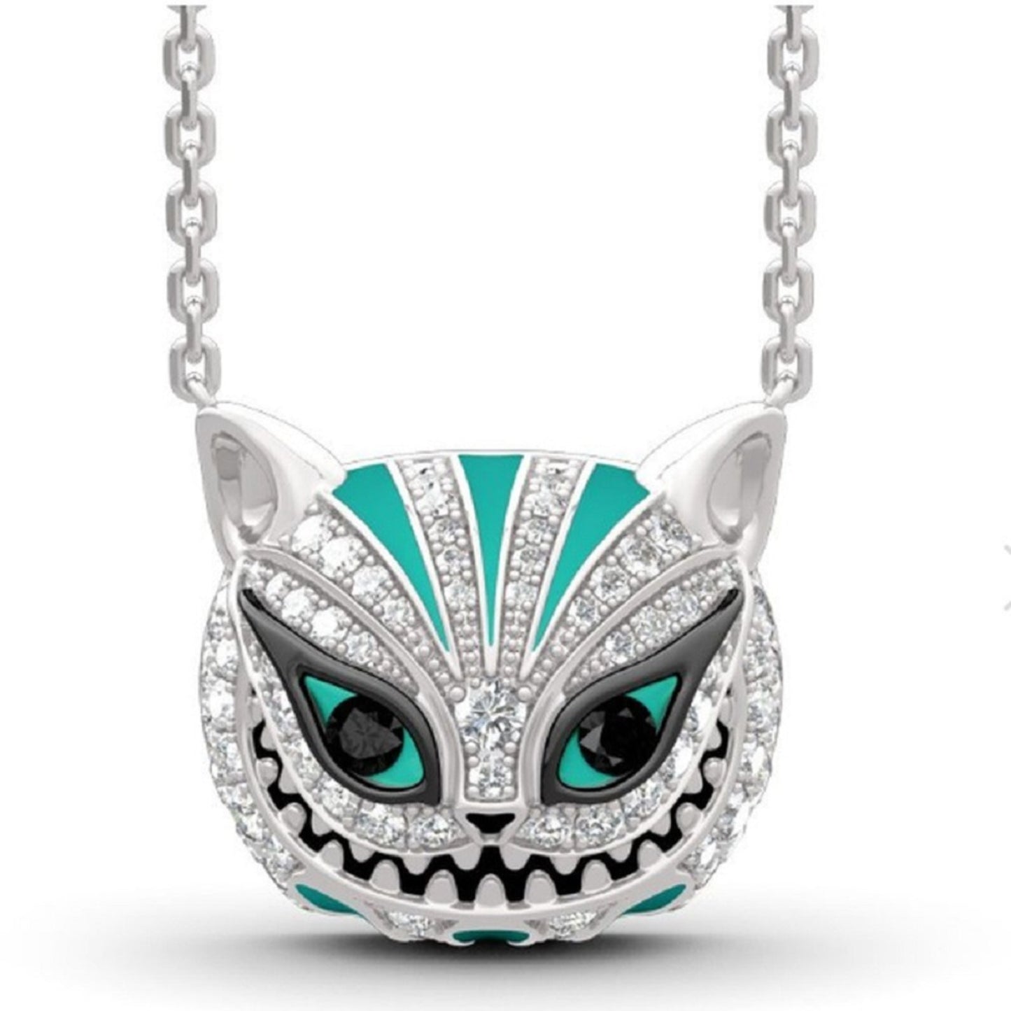 Skull Cat Face Stitch Blue Crystal Filled Pendant Necklace