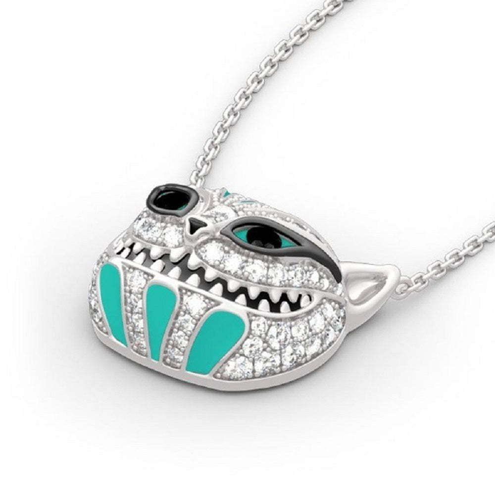 Skull Cat Face Stitch Blue Crystal Filled Pendant Necklace