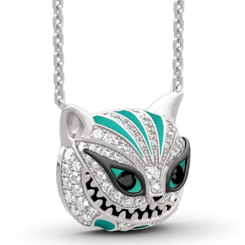 Skull Cat Face Stitch Blue Crystal Filled Pendant Necklace