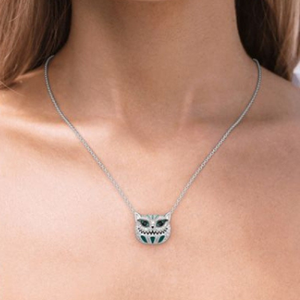 Skull Cat Face Stitch Blue Crystal Filled Pendant Necklace