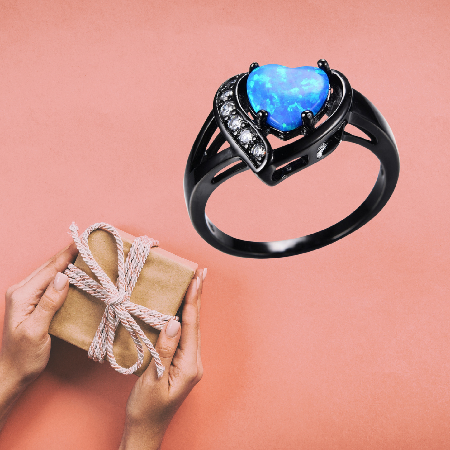 Heart-Shaped Black Gold Plated Blue Zircon Crystal Ring