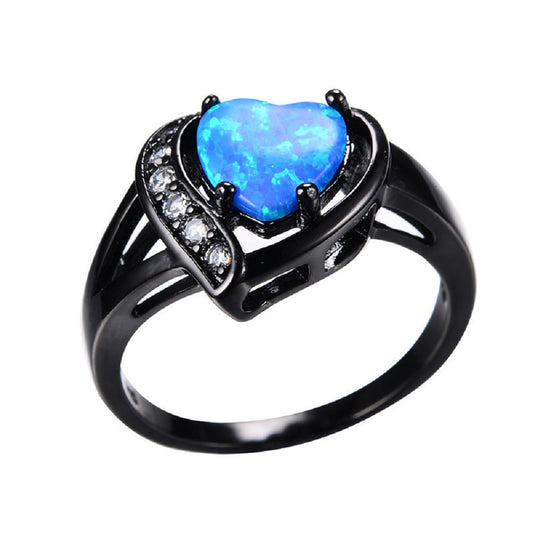 Heart-Shaped Black Gold Plated Blue Zircon Crystal Ring