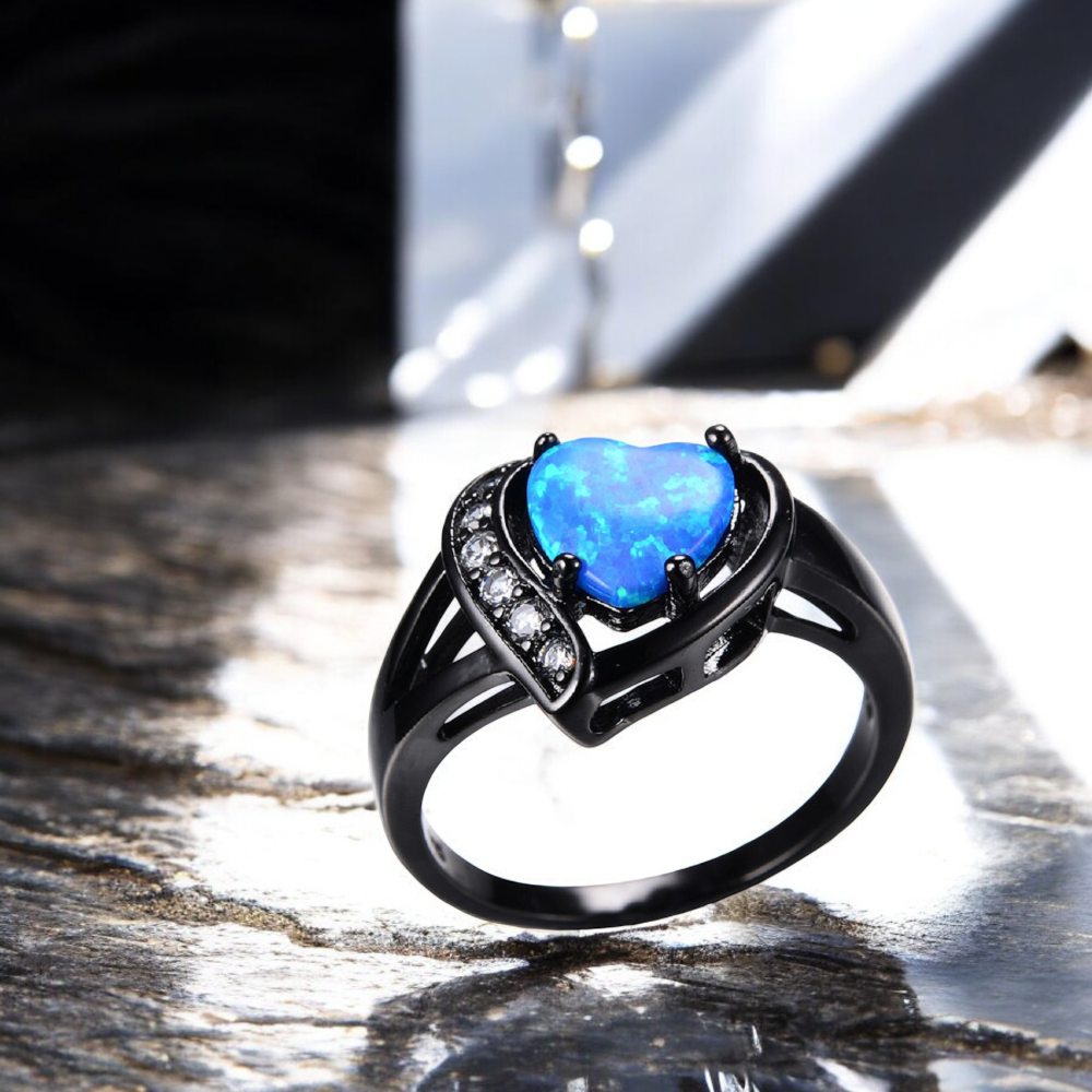 Heart-Shaped Black Gold Plated Blue Zircon Crystal Ring
