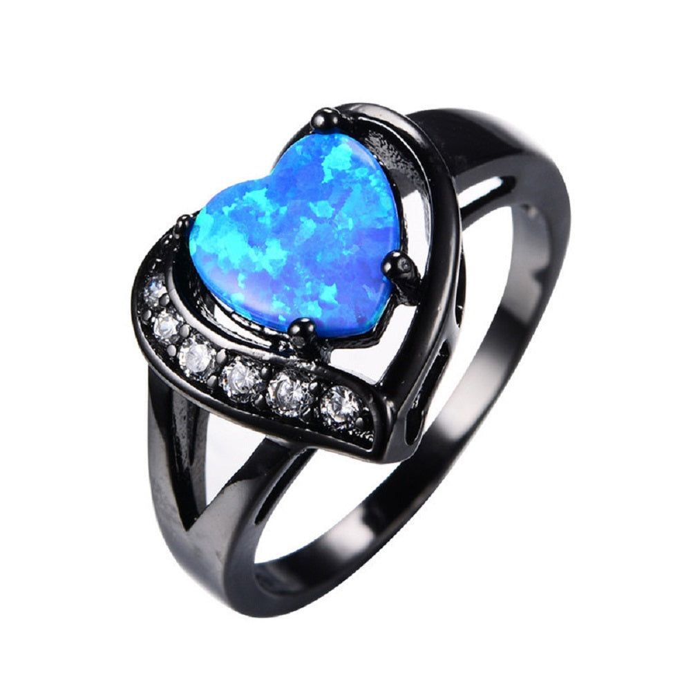 Heart-Shaped Black Gold Plated Blue Zircon Crystal Ring