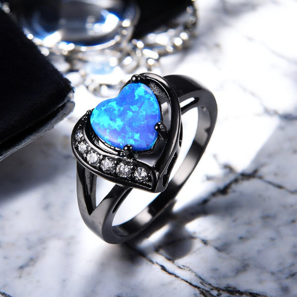 Heart-Shaped Black Gold Plated Blue Zircon Crystal Ring
