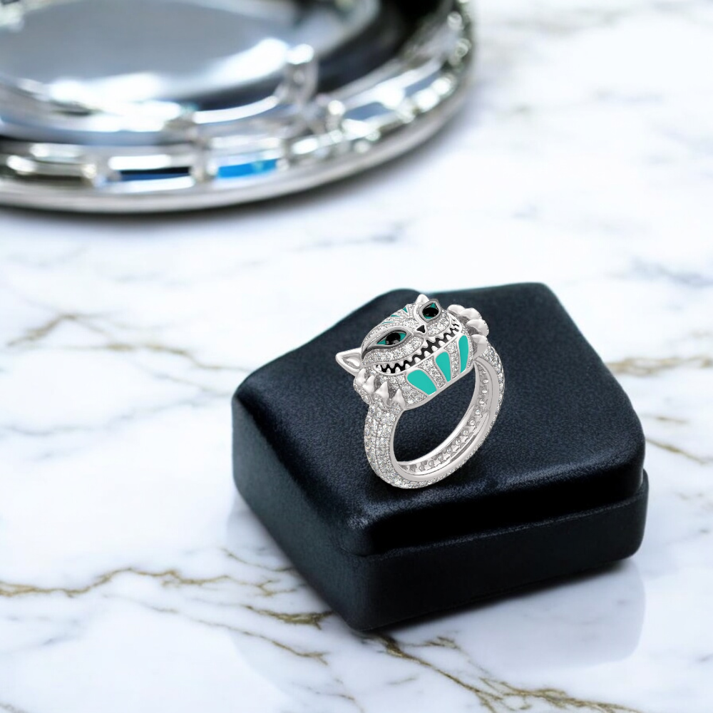 Skull Cat Face Stitch Crystal Filled Silver Tone Ring
