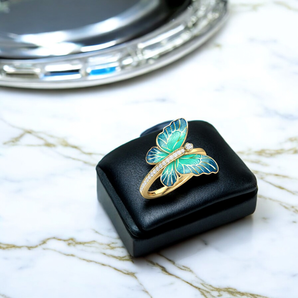 Stunning Gold Tone Blue Butterfly Ring