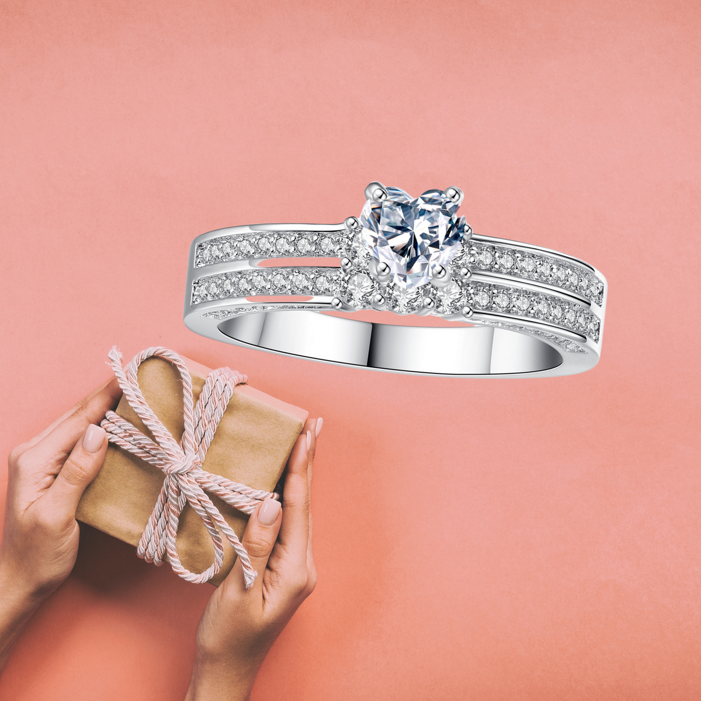 Double Row Heart Band Zircon Crystal Silver Tone Ring
