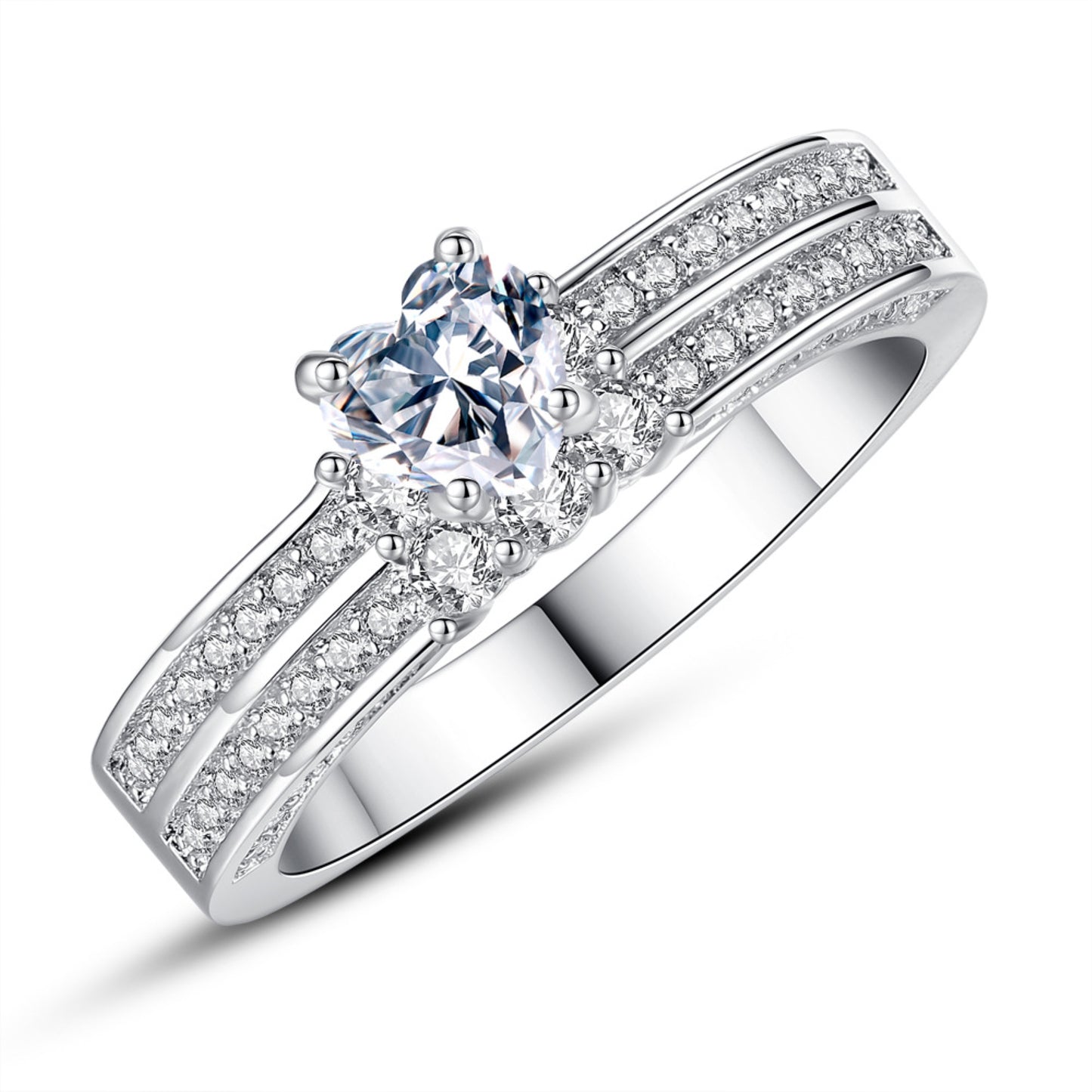 Double Row Heart Band Zircon Crystal Silver Tone Ring