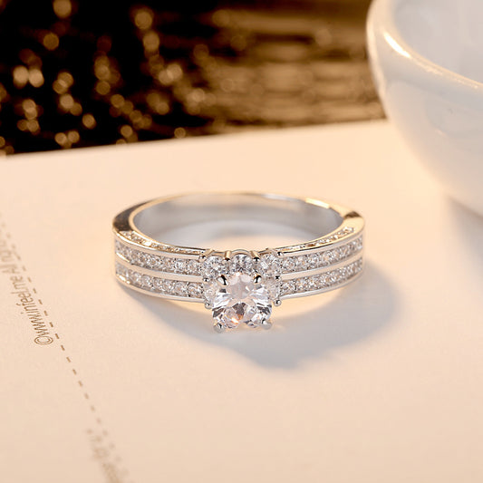 Double Row Heart Band Zircon Crystal Silver Tone Ring