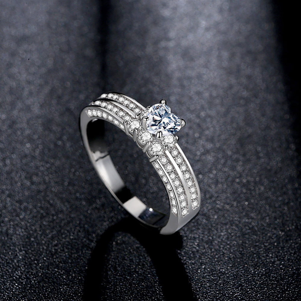 Double Row Heart Band Zircon Crystal Silver Tone Ring