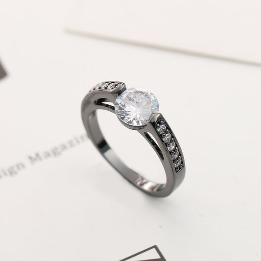 Solitaire Black Gold Plated Clear Zircon Crystal Ring