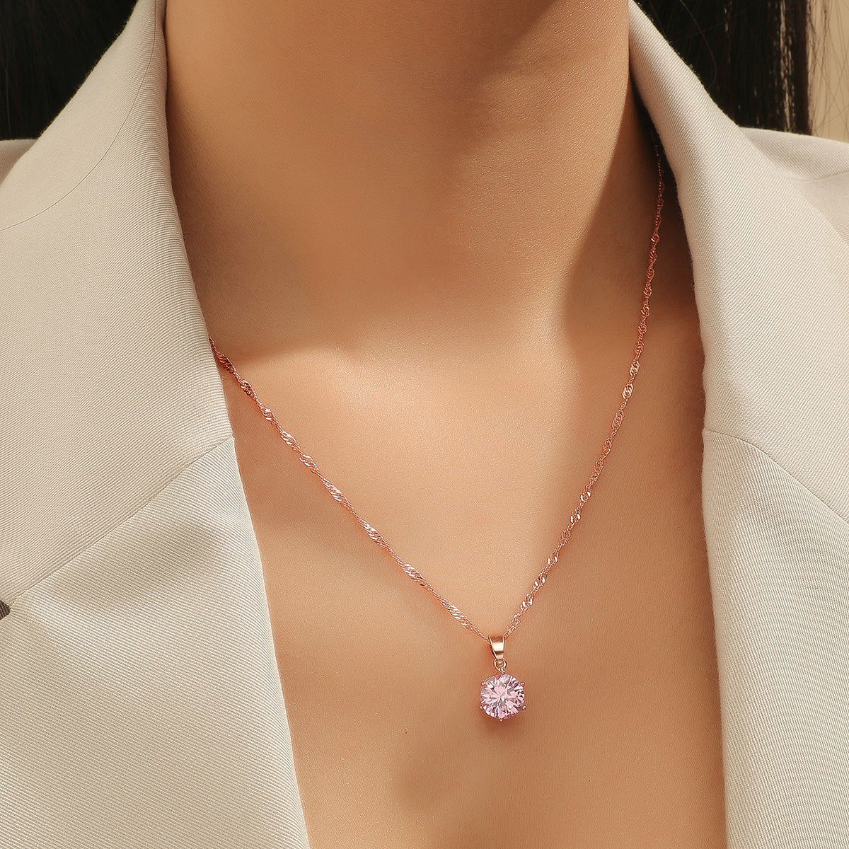 Pink Sapphire Solitaire Zircon Crystal Rose Gold Pendant Necklace