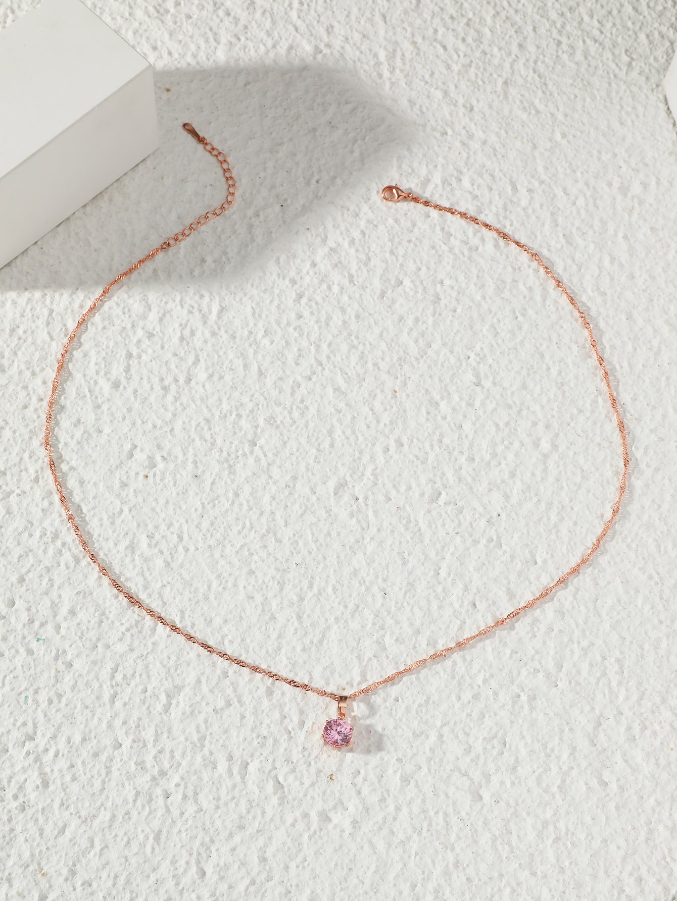 Pink Sapphire Solitaire Zircon Crystal Rose Gold Pendant Necklace