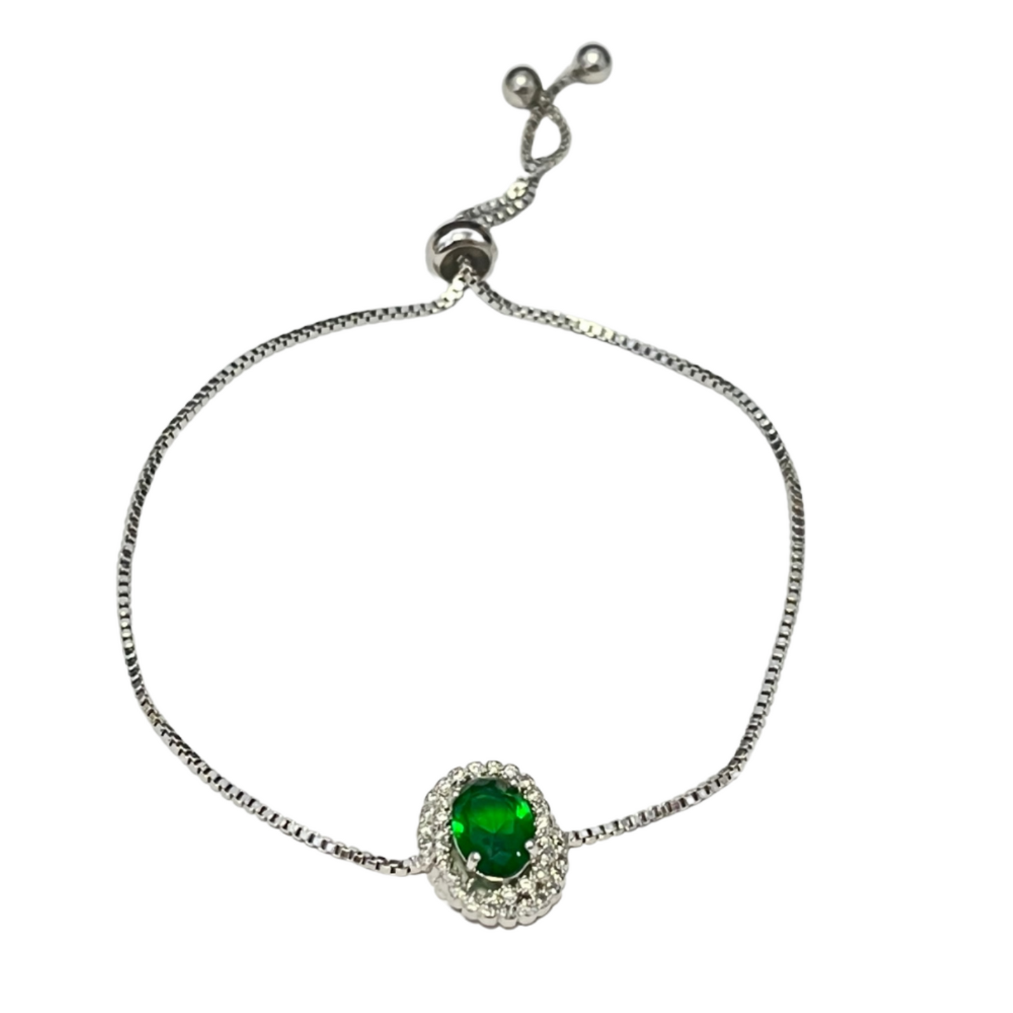 Vintage Halo Green Emarald Oval Zircon Crystals Silver Bracelet