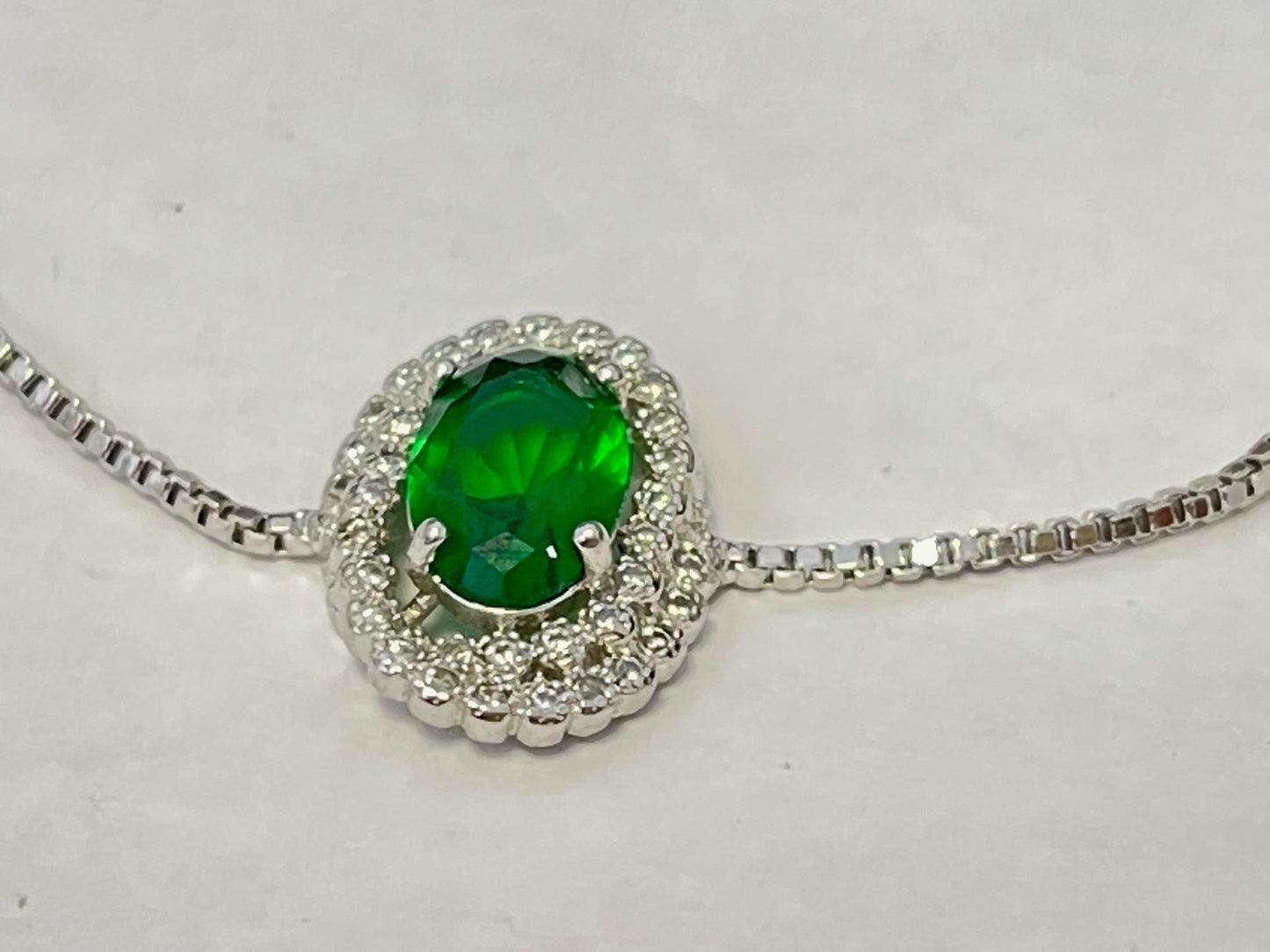 Vintage Halo Green Emarald Oval Zircon Crystals Silver Bracelet