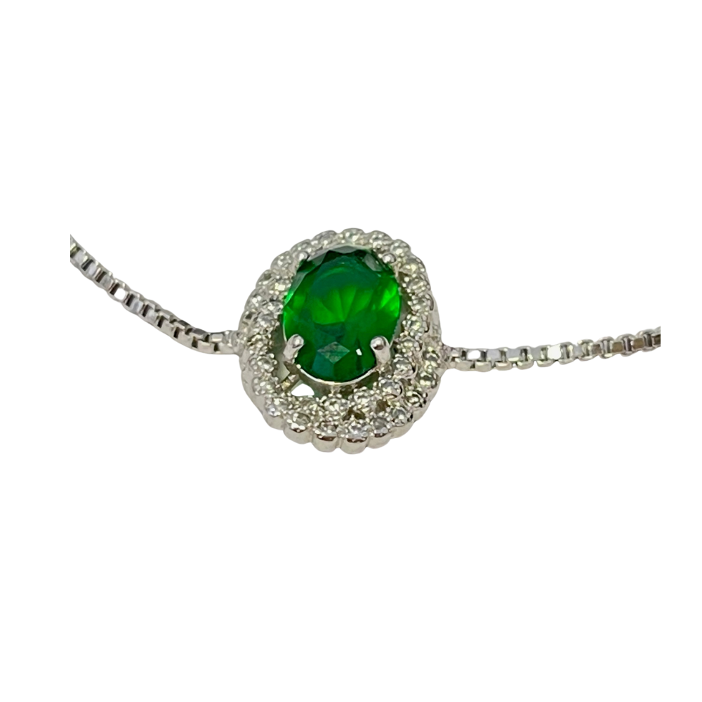 Vintage Halo Green Emarald Oval Zircon Crystals Silver Bracelet