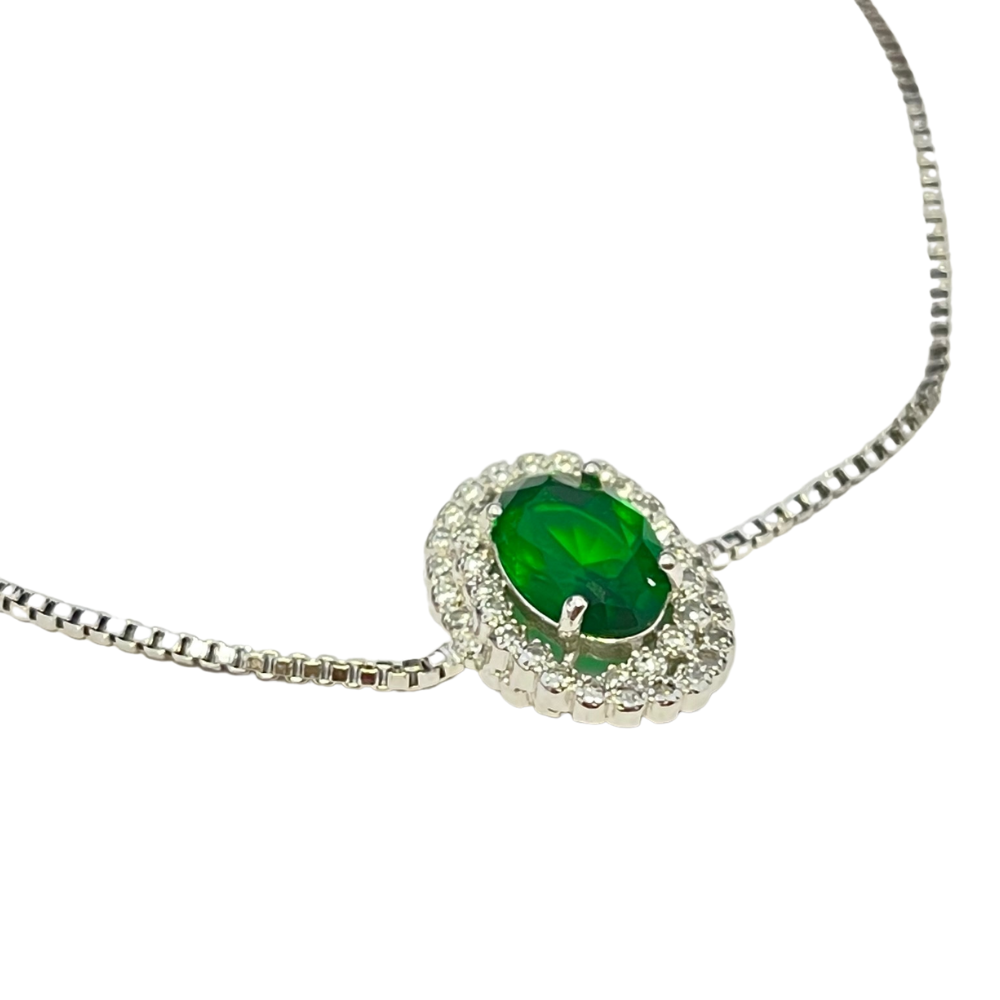 Vintage Halo Green Emarald Oval Zircon Crystals Silver Bracelet
