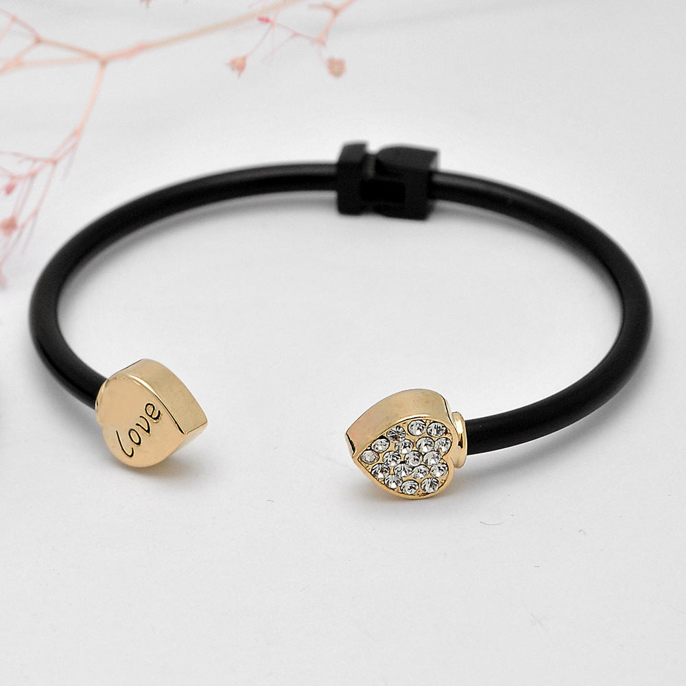 Love Zircon Crystal Filled Gold Tone Open Adjustable Bangle