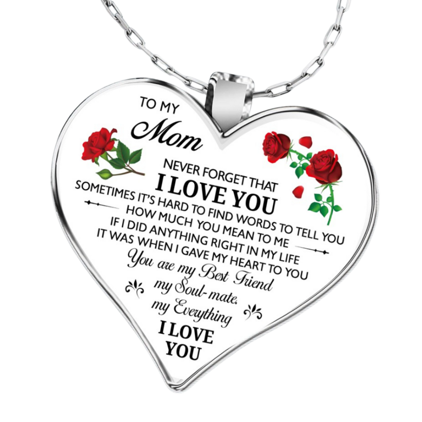 To My Mum Love Heart Red Rose Flower Silver Tone Pendant Necklace