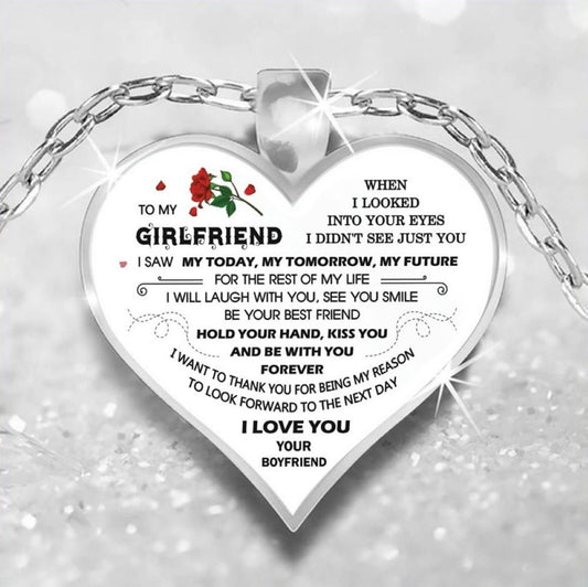 To My Girlfriend Love Heart Red Rose Flower Silver Tone Pendant Necklace
