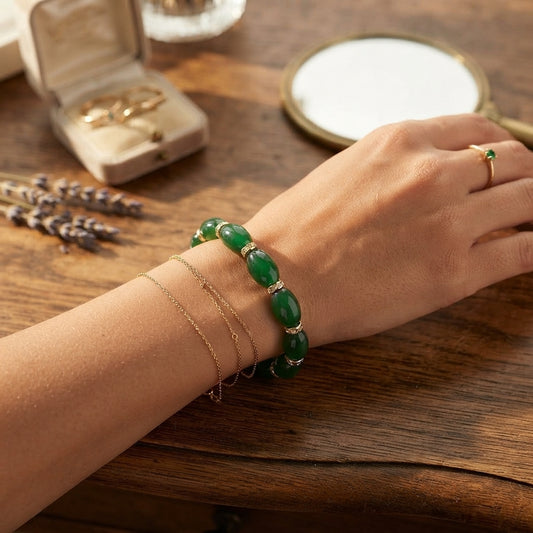 Women Green Oval Jade Beads Zircon Crystals Gold Tone Bracelet