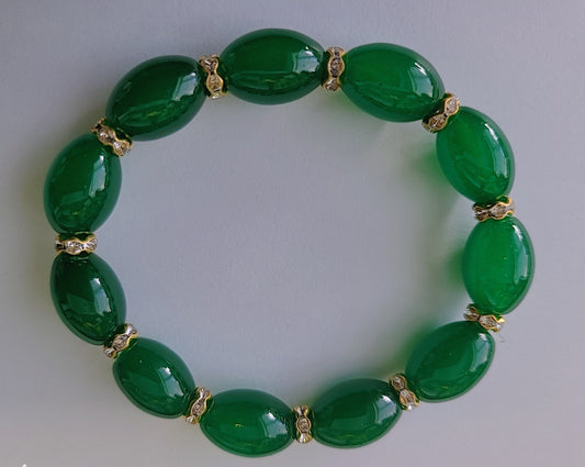 Women Green Oval Jade Beads Zircon Crystals Gold Tone Bracelet