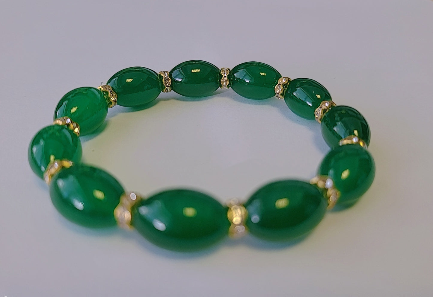 Women Green Oval Jade Beads Zircon Crystals Gold Tone Bracelet