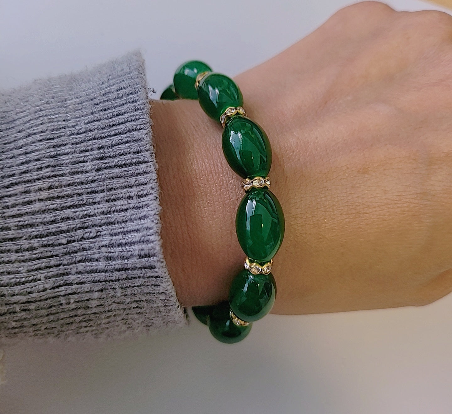Women Green Oval Jade Beads Zircon Crystals Gold Tone Bracelet