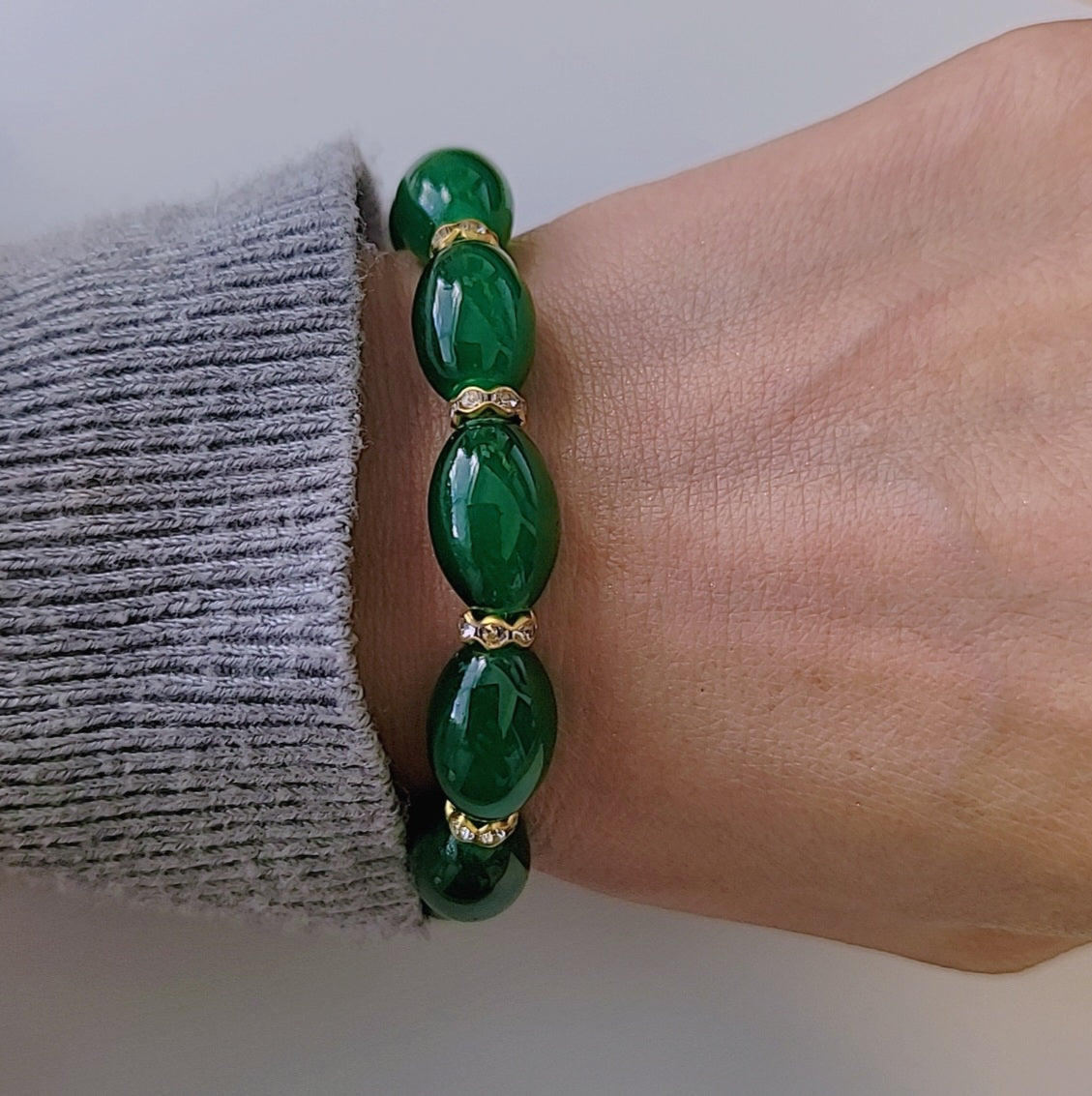 Women Green Oval Jade Beads Zircon Crystals Gold Tone Bracelet