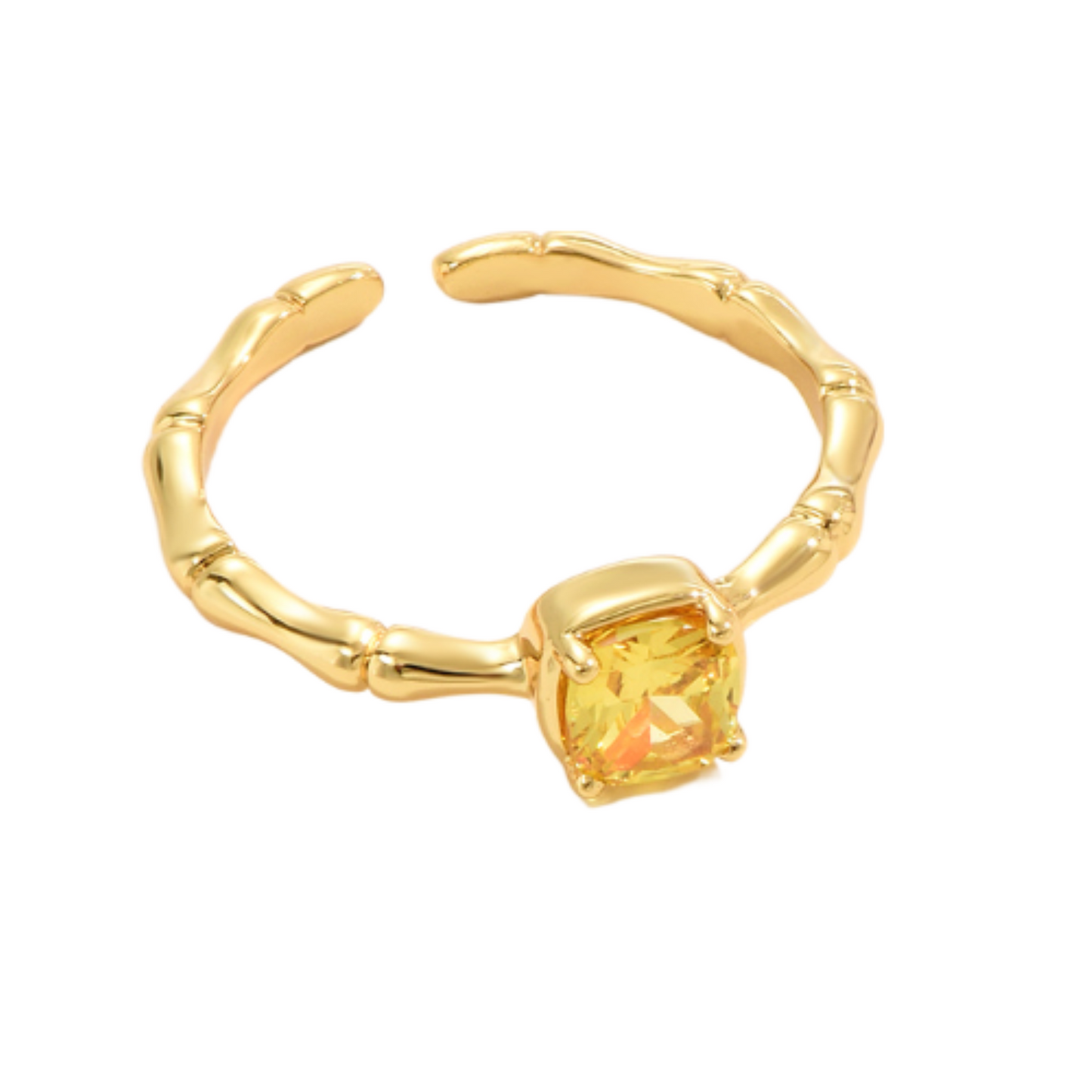 Bamboo Princess Cut Yellow Zirconia Crystal Open Ring Adjustable
